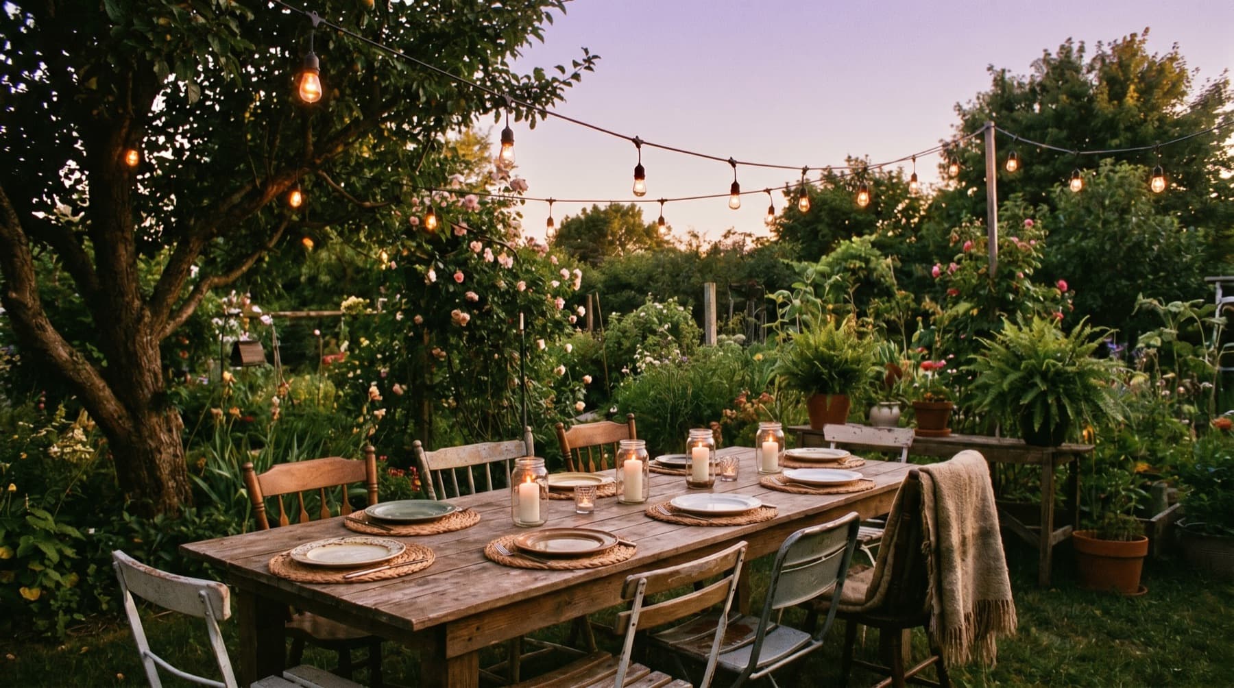 A backyard evening gathering with string lights and wine
