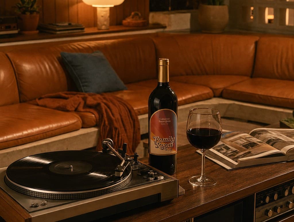 Family Room Cabernet Sauvignon on a record console in a sunken mid-century living room